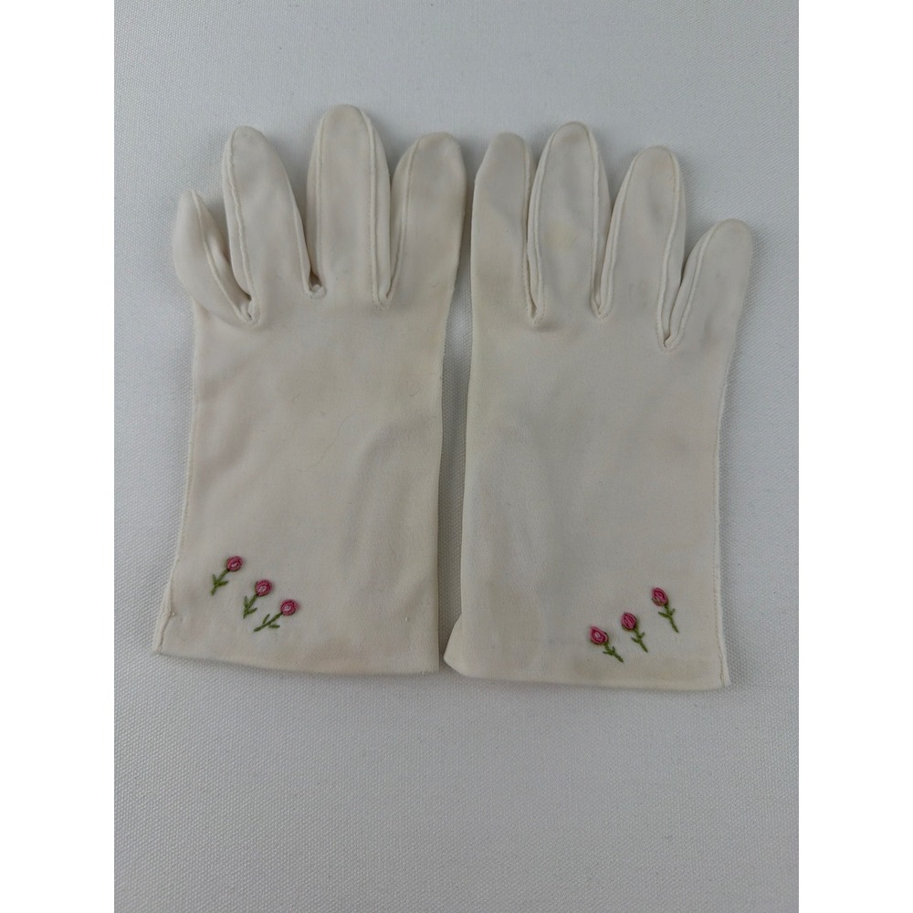 Vintage Floral Embroidered Gloves Women Size 7.5 White Cotton Cottagecore Tea